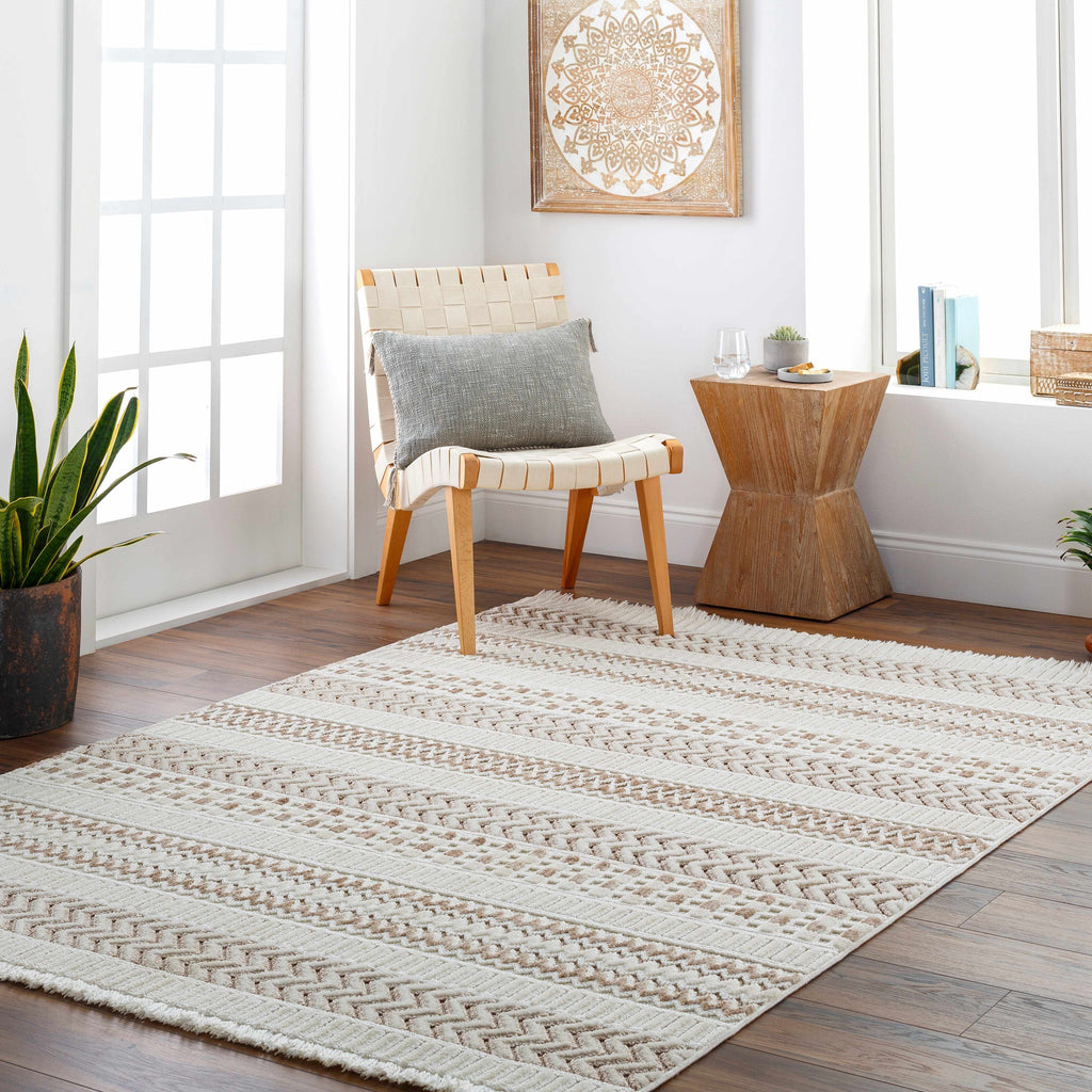 Eiko Beige Textured Saxony Rug with Fringes - Clearance