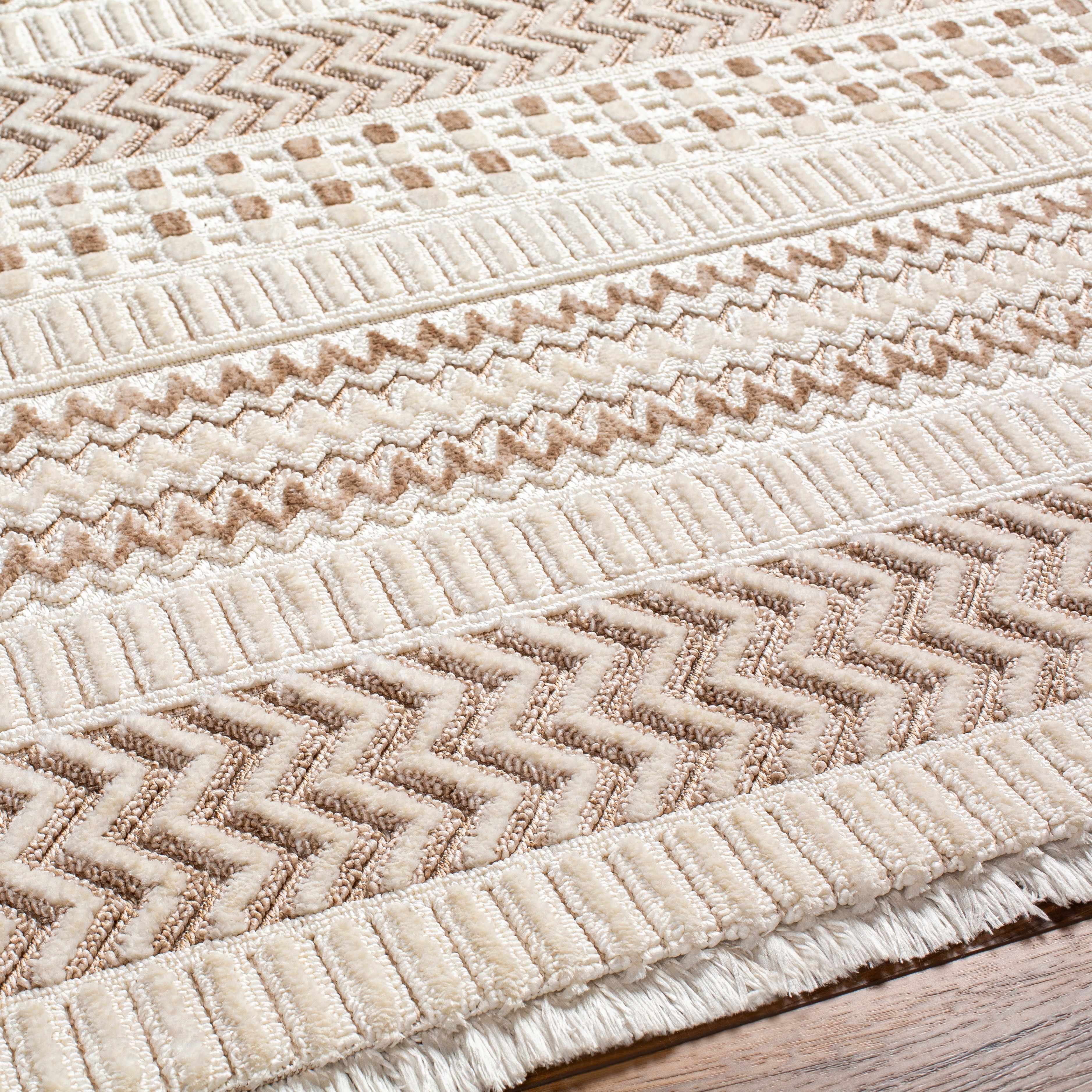 Eiko Beige Textured Saxony Rug with Fringes - Clearance